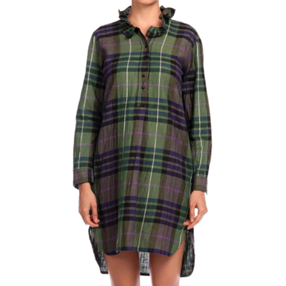 SANDRO PARIS GREEN PLAID LONG SLEEVE RUFFLE NECK HI-LOW SHIRT DRESS Size M - Picture 2 of 16